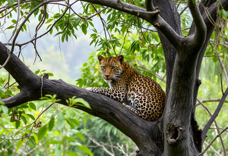 Leopard resting on a tree in the wild, Pantanal, Brazilの素材