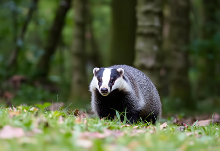 Badger, Meles meles, single mammal on grass, UKの素材