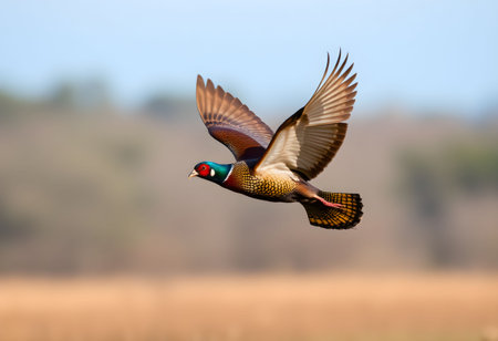 Male Ringneck Pheasant (Phasianus colchicus) in flightの素材