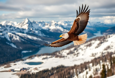 Bald Eagle flying in the air with mountains in the background.の素材