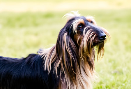 Portrait of Afghan hound with long hair on the green grassの素材
