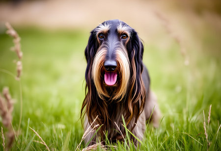 Portrait of Afghan hound with long hair on the green grassの素材