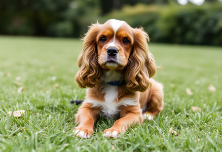 Cavalier King Charles Spaniel lying on the grass in the gardenの素材