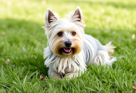 A West Highland Terrier sitting on grass in the park and looking upの素材