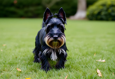 Miniature schnauzer dog running on the grass in the gardenの素材
