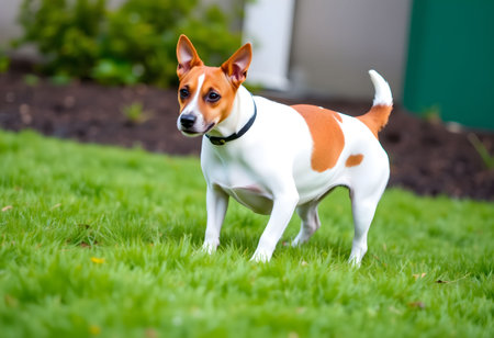 Portrait of a cute black and white dog on the green grassの素材