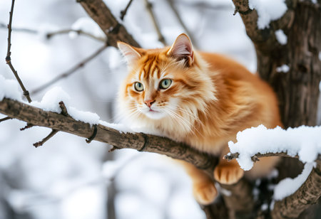 Cute ginger cat sitting on the tree and looking at the cameraの素材