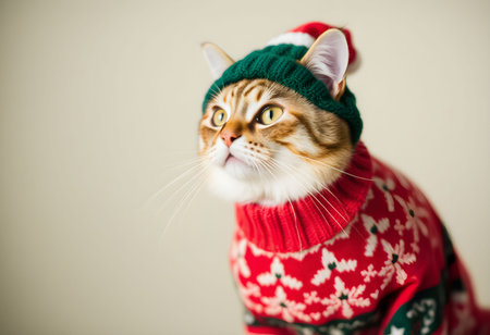 Cute bengal cat in Christmas sweater on the background of the Christmas treeの素材