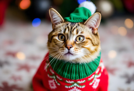 Cute bengal cat in Christmas sweater on the background of the Christmas treeの素材