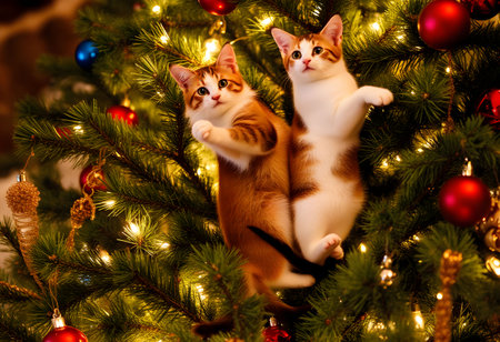 Cute little kittens sitting on the branches of a Christmas tree.の素材