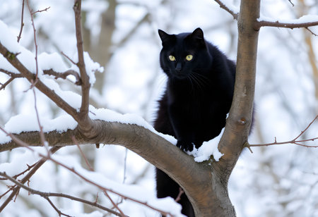 Black cat sitting on a tree branch in the garden with green leavesの素材