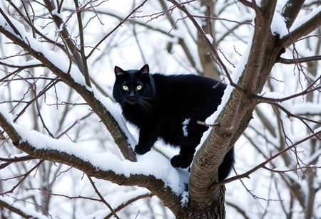 Black cat sitting on a tree branch in the garden with green leavesの素材