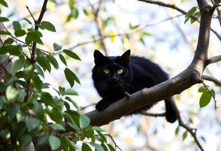 Black cat sitting on a tree branch in the garden with green leavesの素材