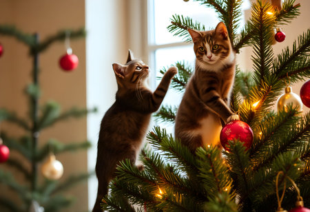 Cute little kittens sitting on the branches of a Christmas tree.の素材