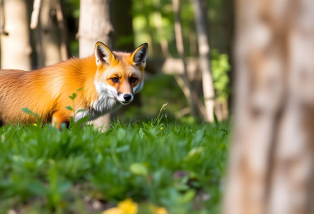 Red fox in the forest. Wild animal in the nature habitat.の素材