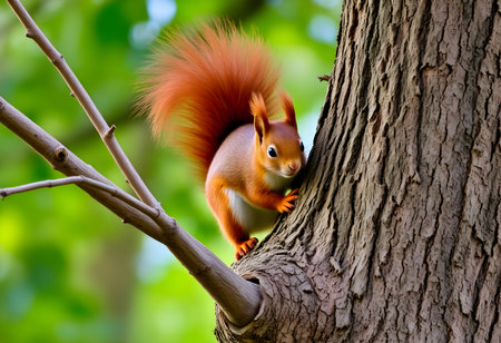 Red squirrel sitting on a tree branch with green leaves in the backgroundの素材