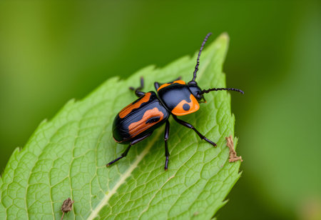 Close-up of a black beetle on a blade of grass.の素材