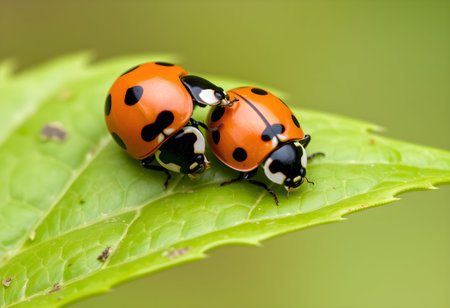 ladybug on green leaf in the wild nature or in the gardenの素材