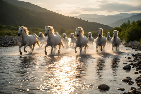 Horses running in the mountain river at sunset. Mountain Altai, Russiaの素材