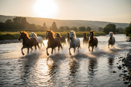 Herd of horses running in water on a sunny day in summerの素材