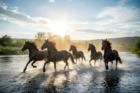 Horses running in the mountain river at sunset. Mountain Altai, Russiaの素材