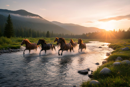 Horses running in the mountain river at sunset. Mountain Altai, Russiaの素材