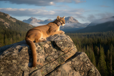 Puma mountain lion (Puma concolor) sitting on a rock and looking at the sunsetの素材