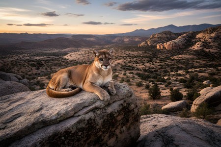 Puma mountain lion (Puma concolor) sitting on a rock and looking at the sunsetの素材