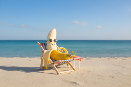 Banana with sunglasses and cocktailchair on tropical beach backgroundの素材