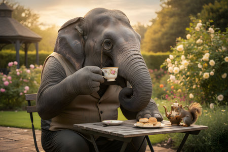 An elephant in a cafe with cakes and a cup of tea.の素材