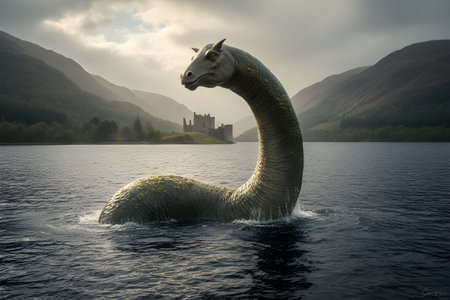 Dinosaur in the sea. 3D render. Fantasy world.の素材