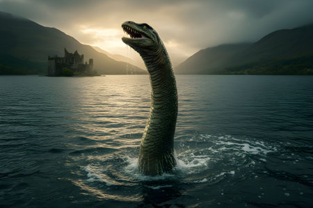 Dinosaur in the sea. 3D render. Fantasy world.の素材