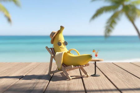 Banana with sunglasses and cocktailchair on tropical beach backgroundの素材
