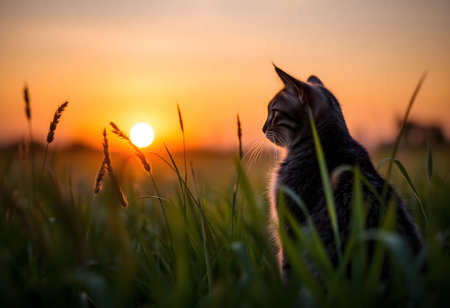 Beautiful cat on the beach at sunset. Selective focus.の素材