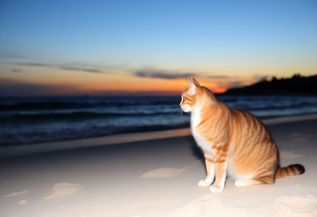 Beautiful cat on the beach at sunset. Selective focus.の素材