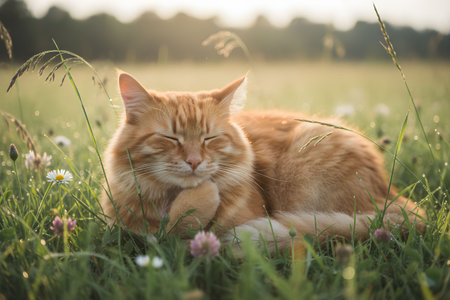 ginger cat lying in the grass with daisies at sunsetの素材