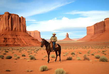 Cowboy on horseback in Monument Valley at sunset, Utah, USAの素材