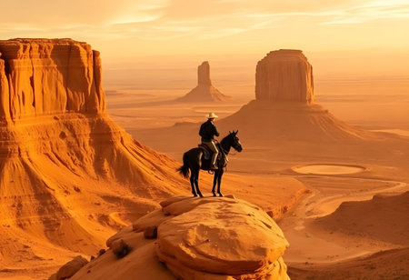 Cowboy on horseback in Monument Valley at sunset, Utah, USAの素材