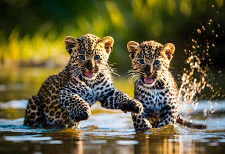 Two leopard cubs sitting on rock at Okavango Delta, Botswanaの素材