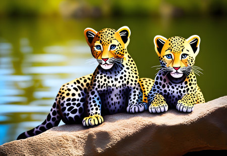 Two leopard cubs sitting on rock at Okavango Delta, Botswanaの素材