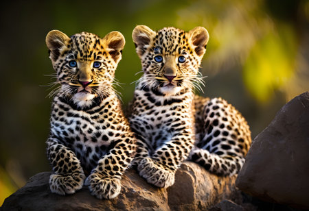 Two leopard cubs sitting on rock at Okavango Delta, Botswanaの素材