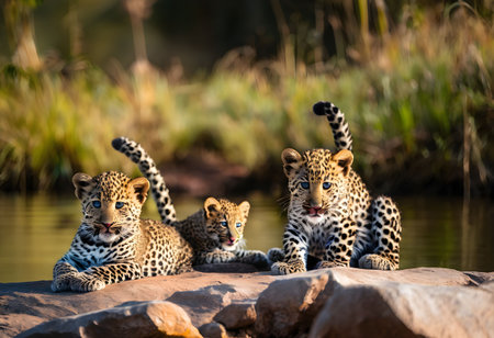 Two leopard cubs sitting on rock at Okavango Delta, Botswanaの素材