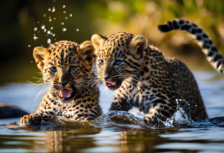 Two leopard cubs sitting on rock at Okavango Delta, Botswanaの素材