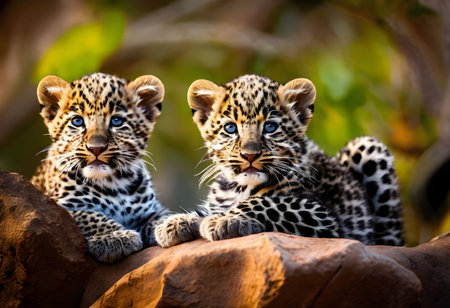 Two leopard cubs sitting on rock at Okavango Delta, Botswanaの素材