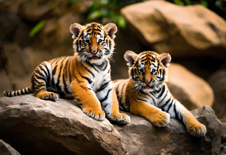 Two tiger cubs sitting on a rock looking at the camera.の素材