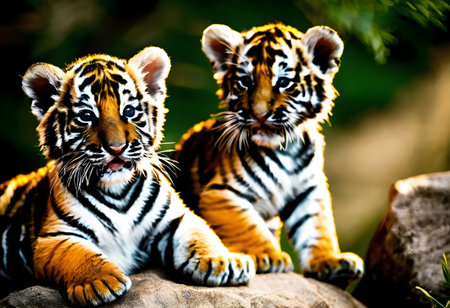 Two tiger cubs sitting on a rock looking at the camera.の素材