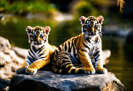 Two tiger cubs sitting on a rock looking at the camera.の素材