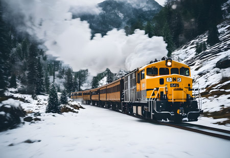 Steam locomotive on the background of snow-capped mountains.の素材