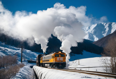 Steam locomotive on the background of snow-capped mountains.の素材