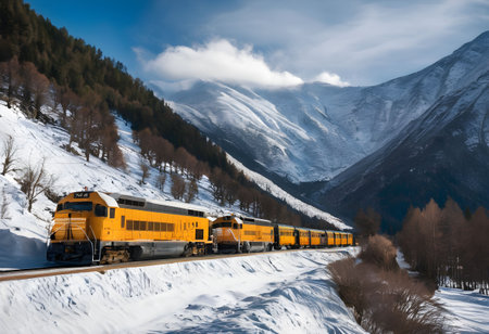Steam locomotive on the background of snow-capped mountains.の素材